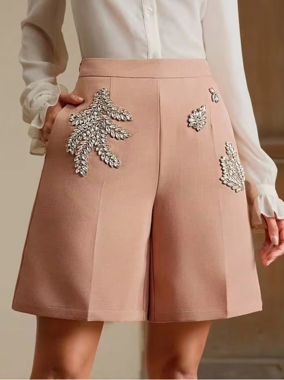 Anewsta Women's Elegant & Modern Bermuda Shorts Rhinestones Camel
